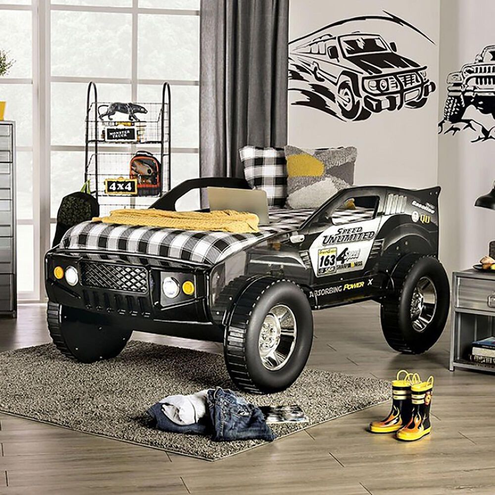 Furniture of America Speed Jump Twin Bed in Black, Silver and Yellow with LED Lights, , large