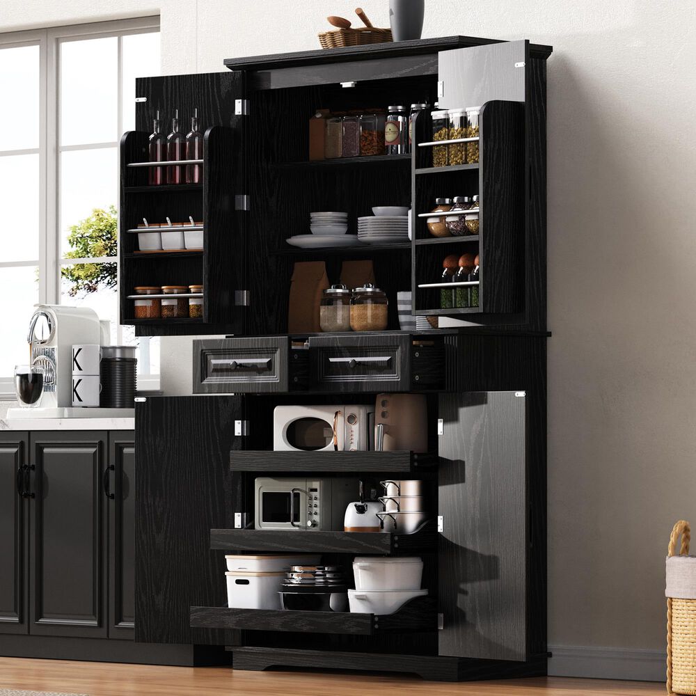 HOMLUX 71" Tall Kitchen Pantry Cabinet with 3 Pull Out Cabinet Organizers, Farmhouse Embossed Texture Storage Cabinet with 6 Door Shelves, 2 Drawers, Freestanding Cupboard for Kitchen, Dining Room Black, , large