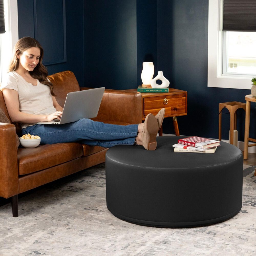 Jaxx Candler Faux Leather Ottoman in Black, , large