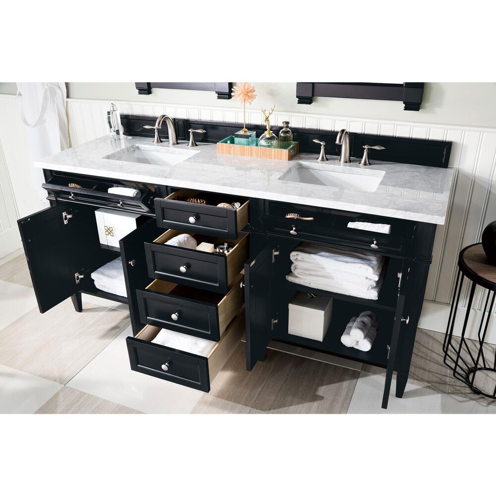 James Martin Vanities Brittany 72&quot; Double Bathroom Vanity in Black Onyx with 3 cm Carrara White Marble Top and Rectangle Sinks, , large