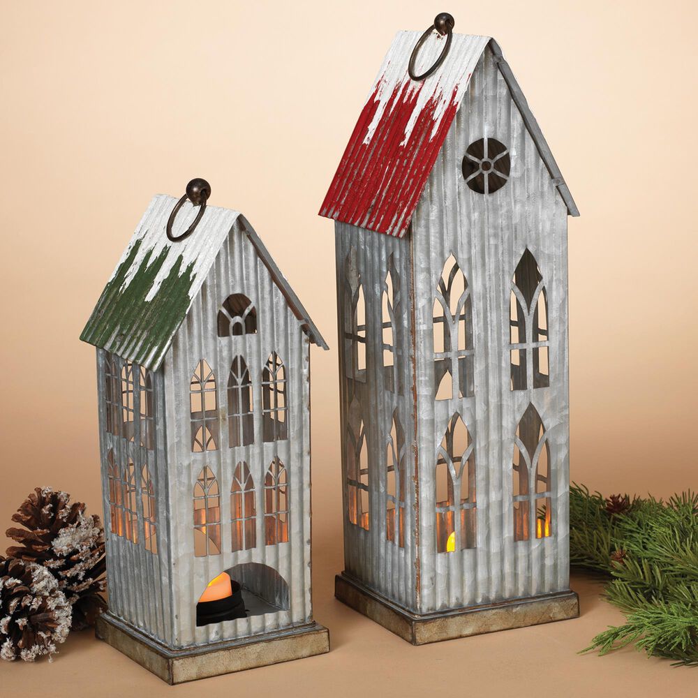 The Gerson Company 2-Piece Holiday Houses Lantern Set with Tealight Holder in Gray, , large