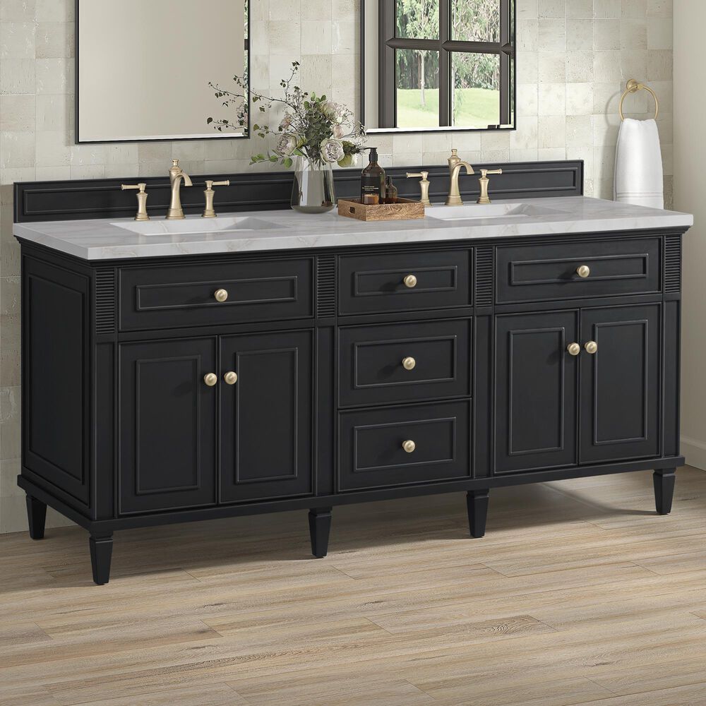 James Martin Vanities Lorelai 72" Double Bathroom Vanity in Black Onyx with 3 cm Eternal Jasmine Pearl Silestone Top, Rectangular Sinks and FreePower Wireless Charger, , large