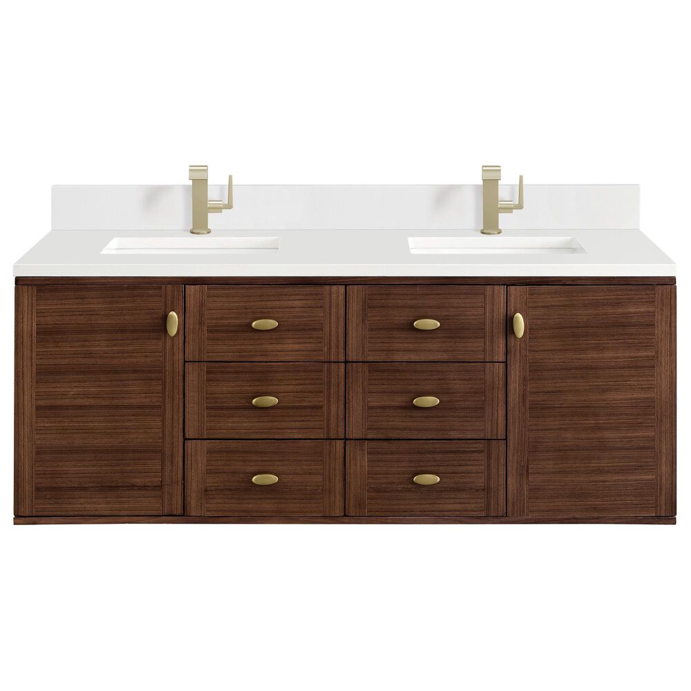 James Martin Vanities Amberly 60&quot; Double Bathroom Vanity in Mid-Century Walnut with 3 cm Parisien Bleu Quartz Top and Rectangular Sinks, , large