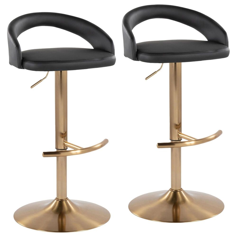 LumiSource Grotto Adjustable Bar Stool with Black Faux Leather Upholstery in Gold (Set of 2), , large