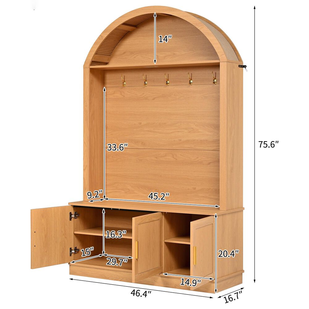 HOMLUX Farmhouse Fabric Arched Top Hall Tree with 5 Metal Hooks and Adjustable Shelves in Natural, , large