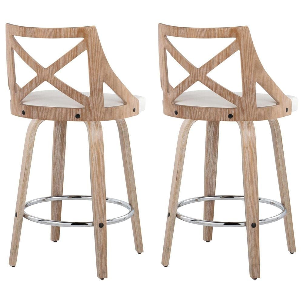 LumiSource Charlotte Swivel Counter Stool with White Faux Leather Upholstery in Whitewashed and Chrome (Set of 2), , large