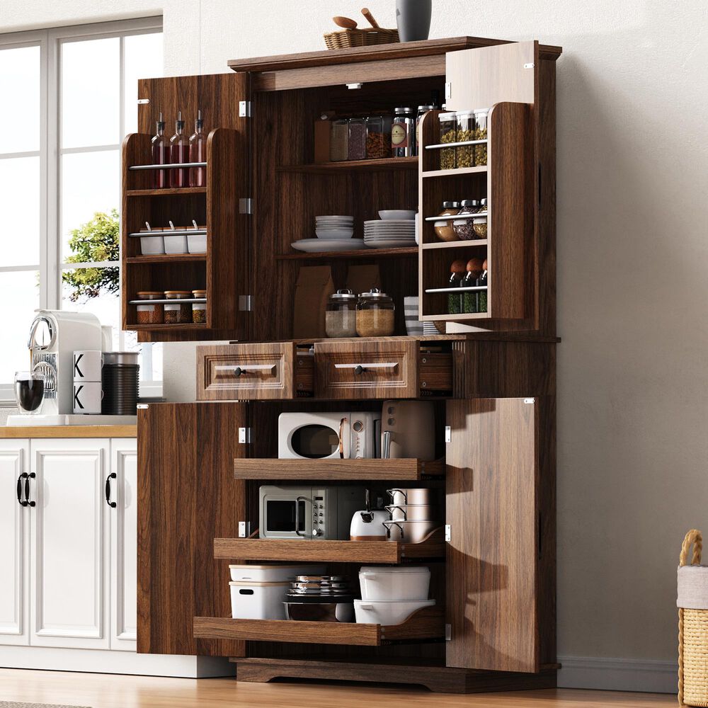 HOMLUX 71" Tall Kitchen Pantry Cabinet with 3 Pull Out Cabinet Organizers in Brown, , large