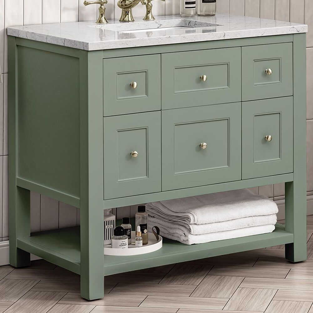James Martin Vanities Breckenridge 36&quot; Single Bathroom Vanity in Smokey Celadon with 3 cm Eternal Jasmine Pearl Quartz Top and Rectangular Sink, , large