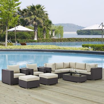 Modway Convene 10-Piece Outdoor Patio Sectional Conversation Set in Espresso and Beige, , large