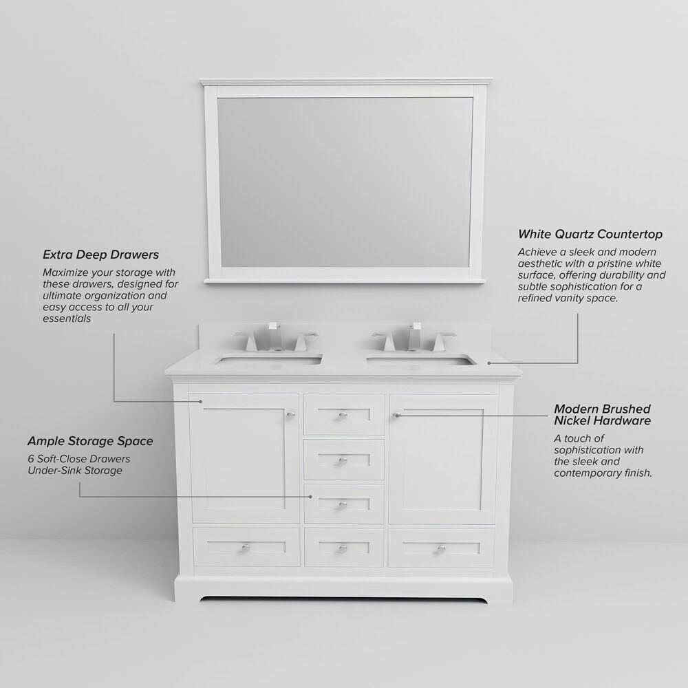 Lexora Home Dukes 48" Double Bathroom Vanity in White with 2 cm White Quartz Top and Rectangular Sinks, , large