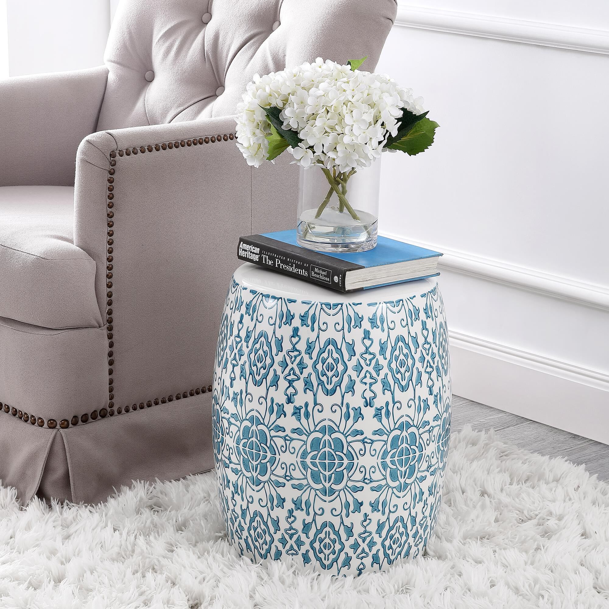 Blue white top garden stool
