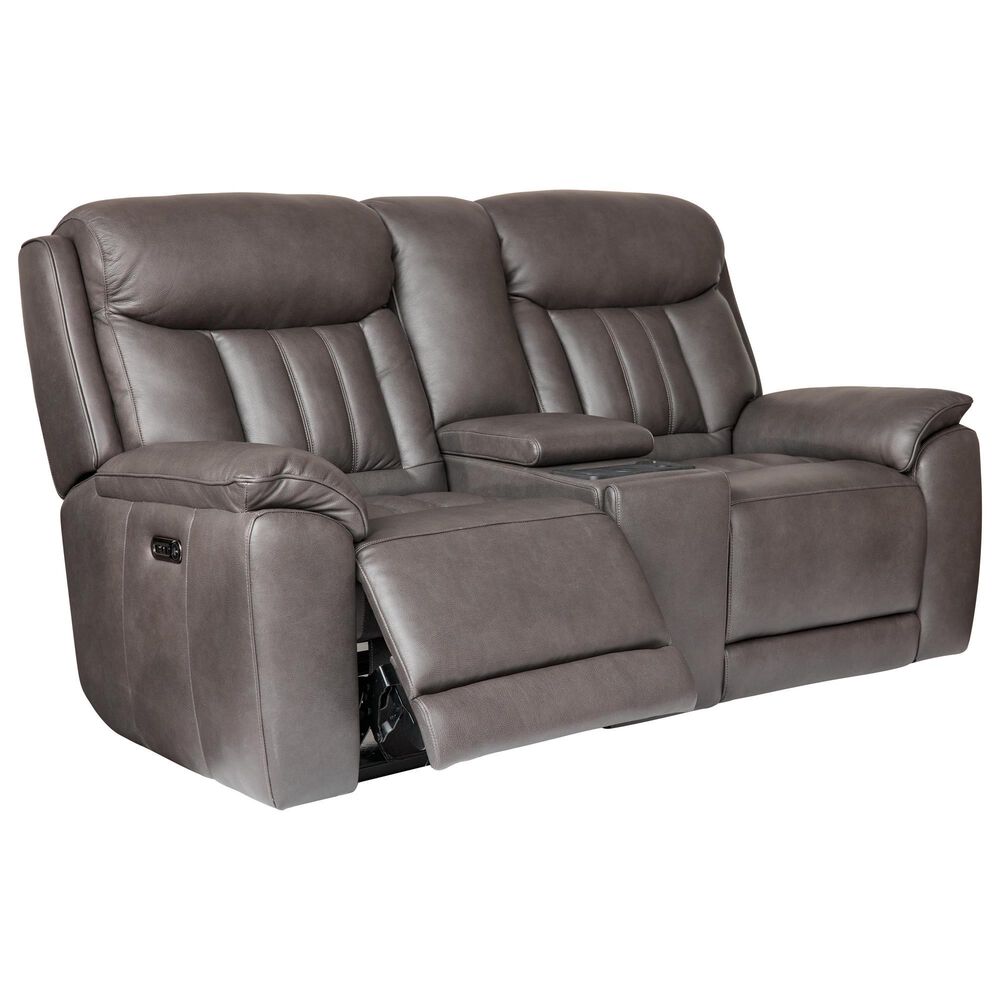 Bassett Benson Leather Power Reclining Console Loveseat in Tuscan Gunmetal, , large