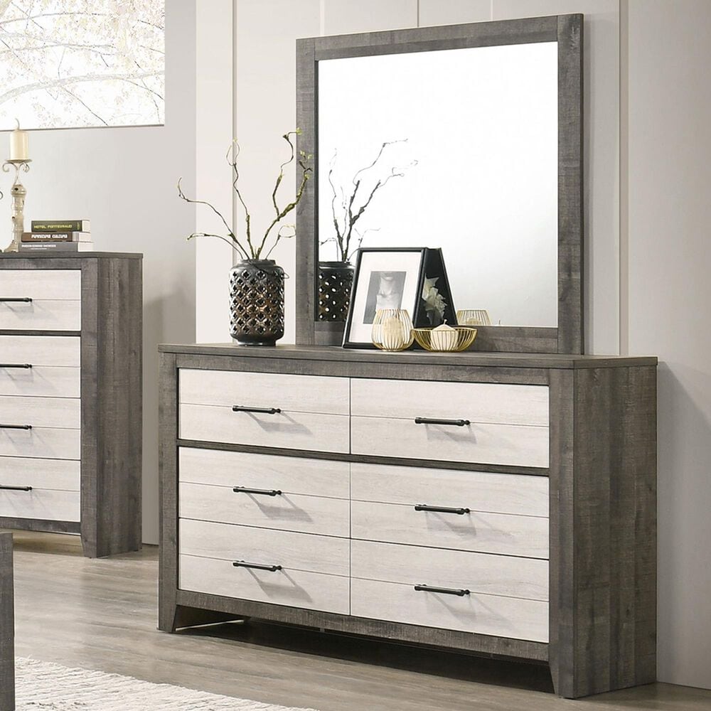 Crown Mark Rhett 6-Drawer Dresser and Mirror in Gray and White, , large