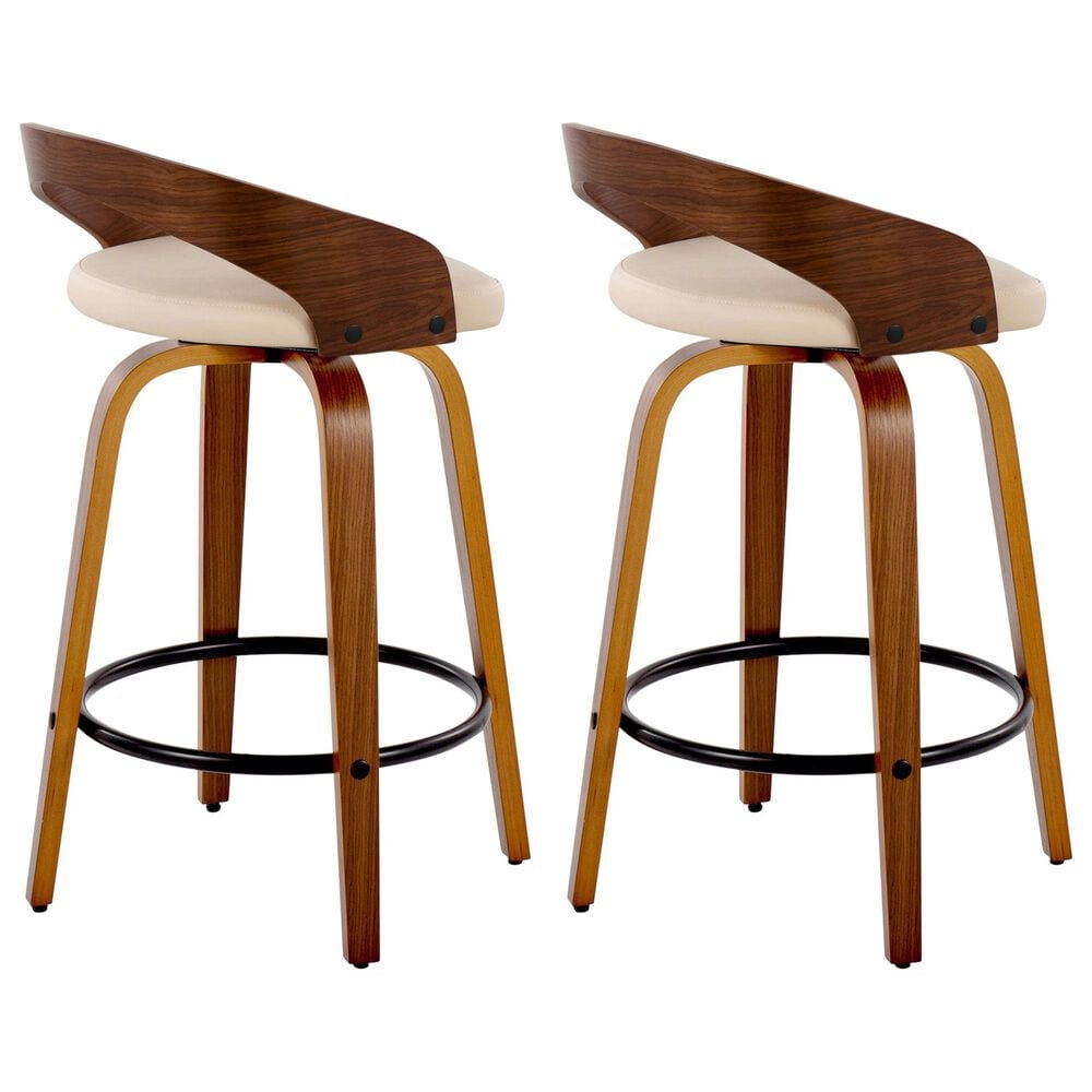 LumiSource Grotto 26" Swivel Counter Stool with Cream Faux Leather Upholstery in Walnut and Black (Set of 2), , large