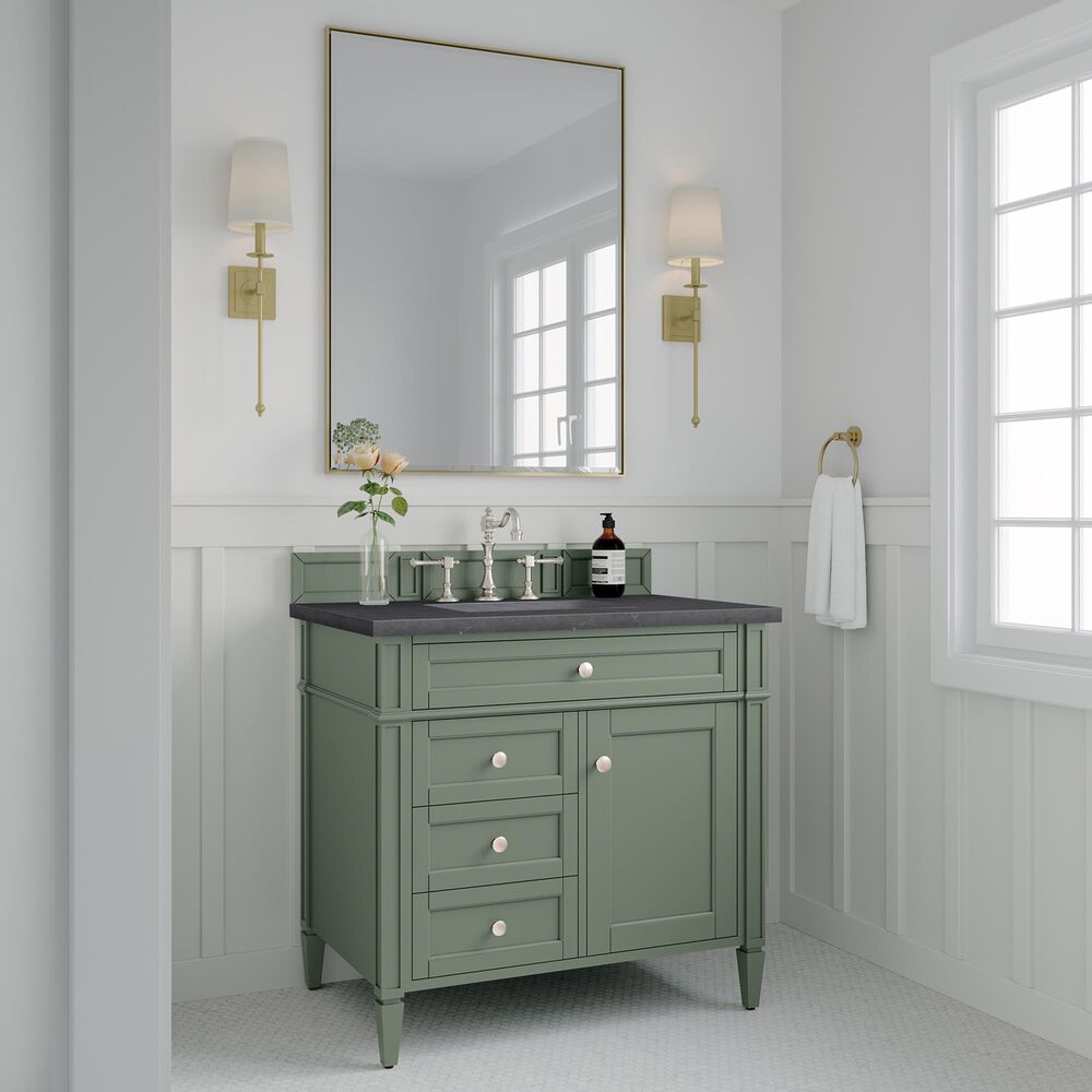 James Martin Vanities Brittany 36&quot; Single Bathroom Vanity in Smokey Celadon with 3 cm Charcoal Soapstone Quartz Top and Rectangular Sink, , large