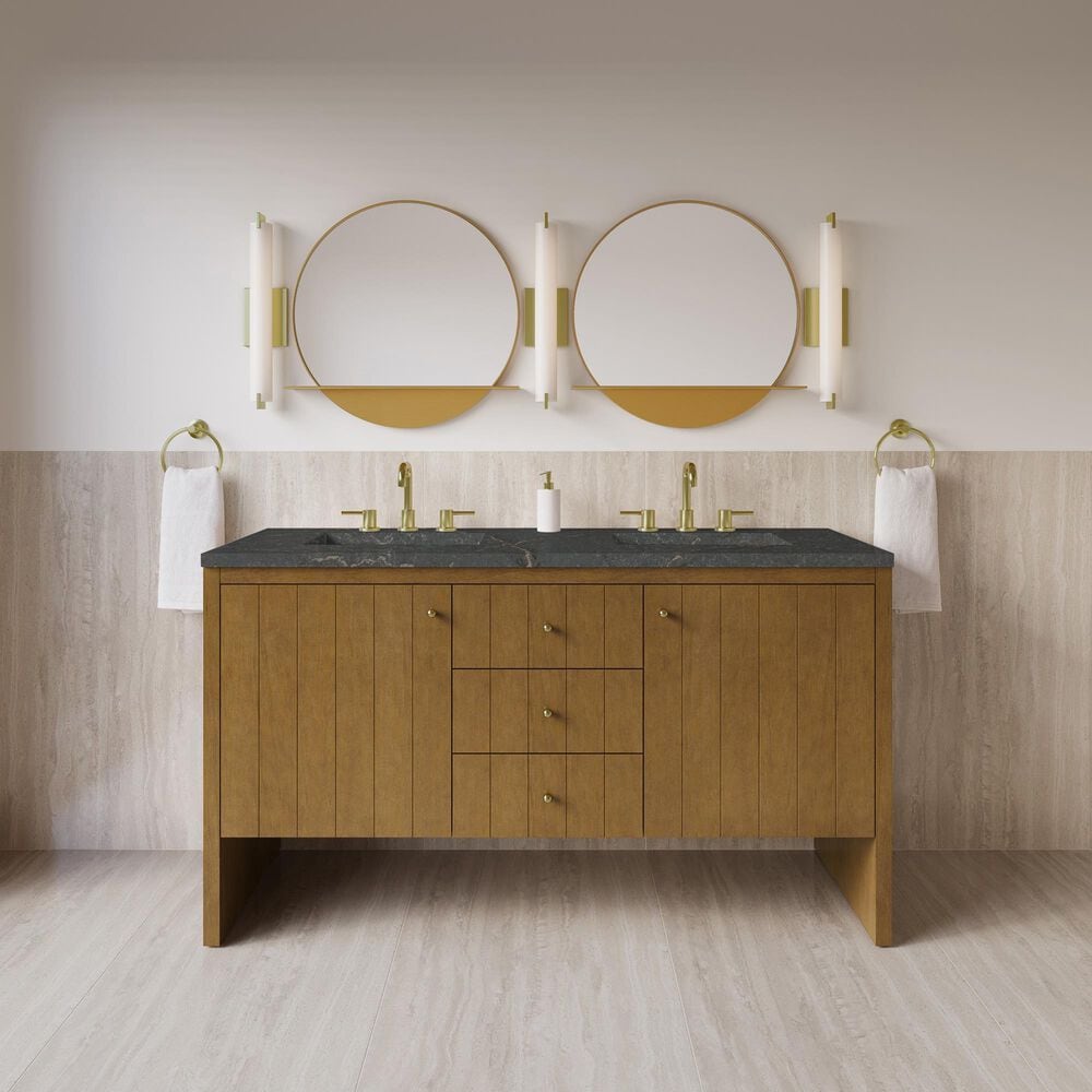 James Martin Hudson 60" Double Bathroom Vanity in Honey Oak with 3 cm Parisien Bleu Silestone Top, Rectangular Sinks and FreePower Wireless Charger, , large
