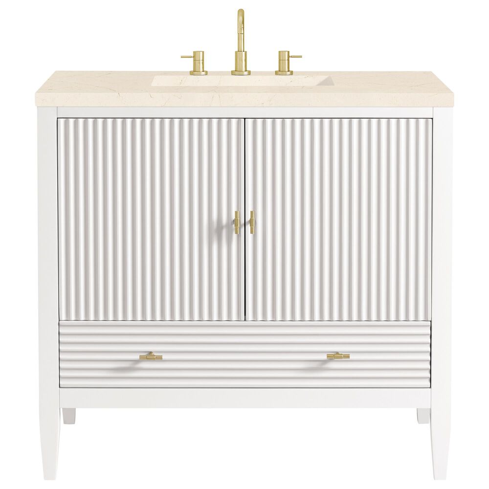 James Martin Vanities Myrrin 36&quot; Vanity in Bright White with 3 cm Victorian Silver Quartz Top, , large