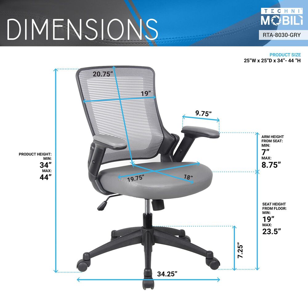 Rta Products Llc Mid-Back Mesh Task Office Chair with Height Adjustable Arms in Grey, , large