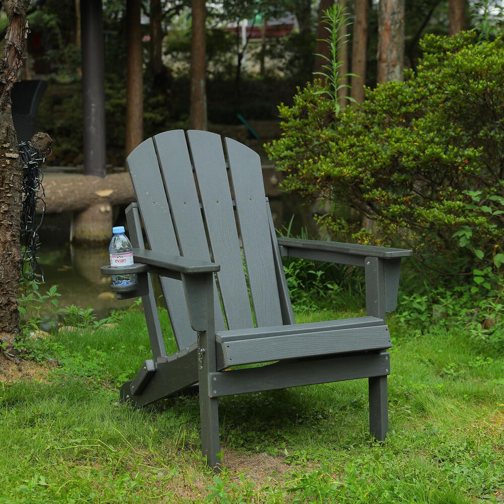Hearth and Haven 34" Outdoor Folding Adirondack Chair with Cup Holder in Gray, , large