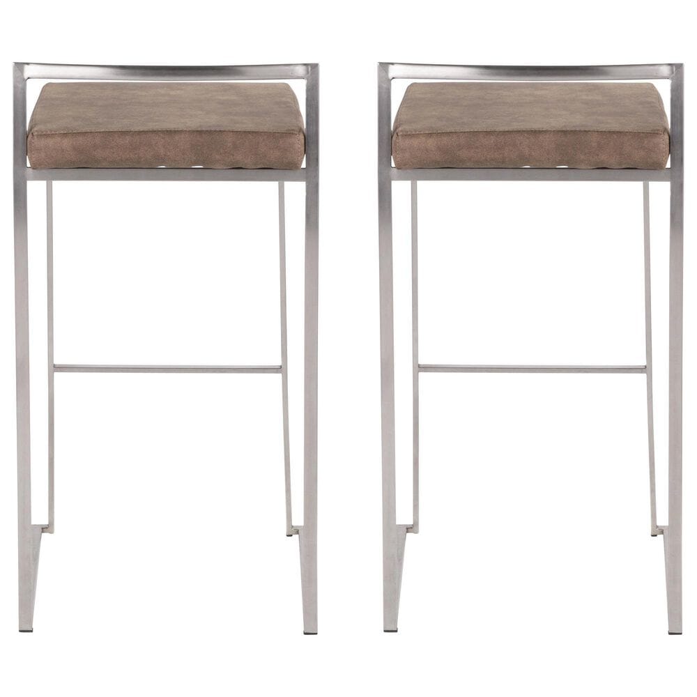 LumiSource Fuji 30" Stacker Bar Stool with Brown Cowboy Upholstery in Stainless Steel (Set of 2), , large