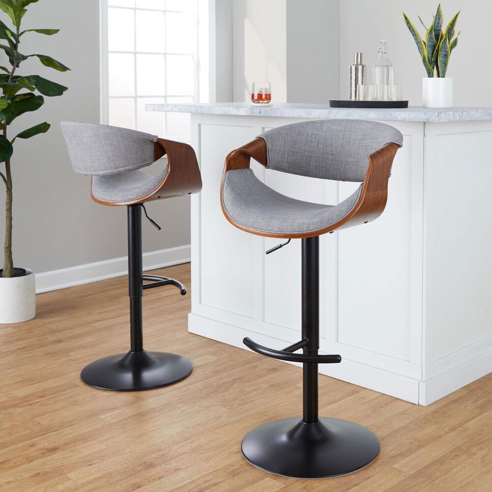 LumiSource Curvo Swivel Adjustable Barstool with Light Grey Upholstery in Black and Walnut (Set of 2), , large