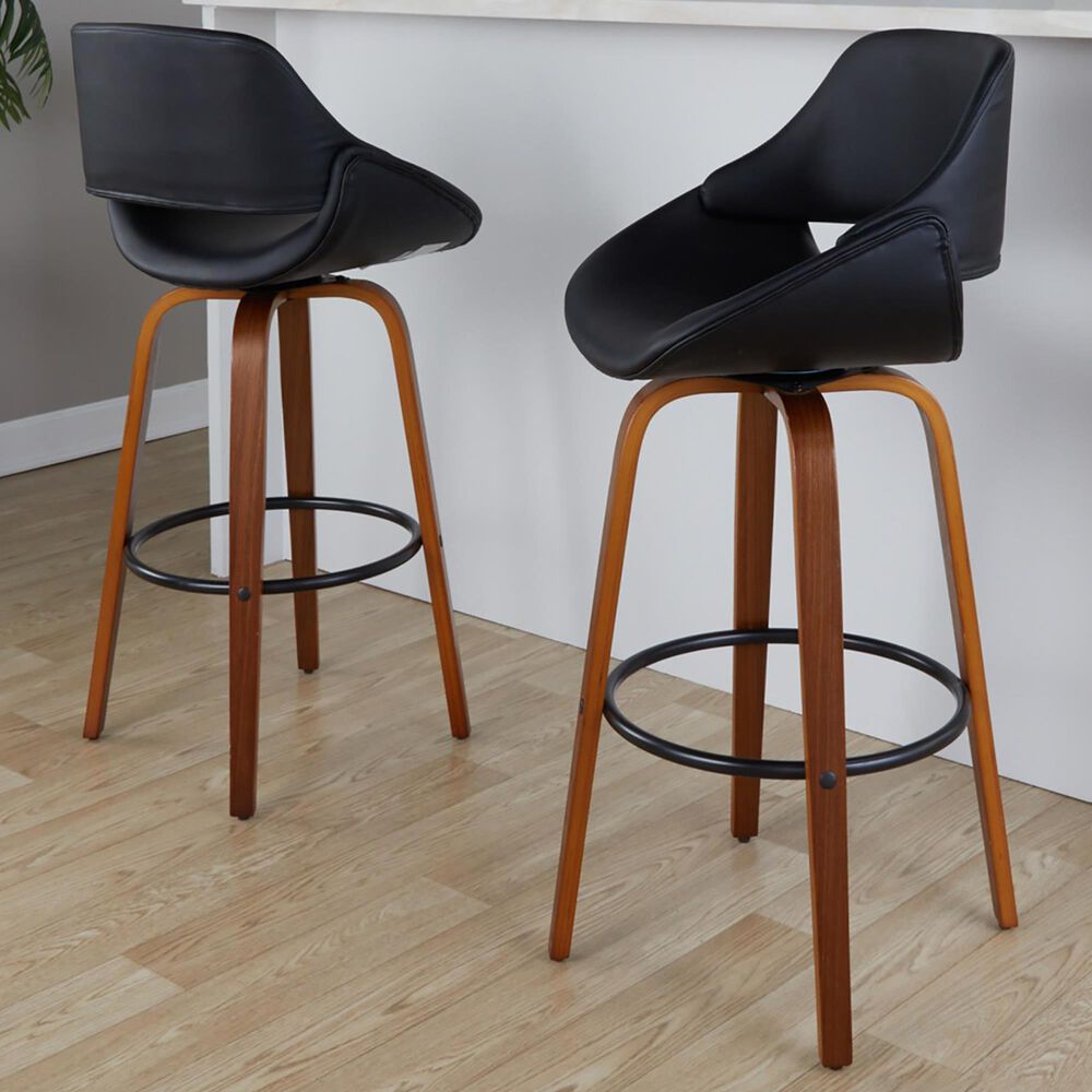 LumiSource Fabrico 30" Swivel Fixed-Height Bar Stool with Black Faux Leather Upholstery in Black and Walnut (Set of 2), , large