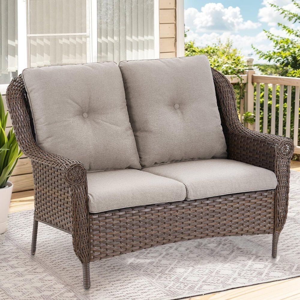 Sunwell Garden 2-Seater Patio Loveseat with Floral Armrests in Beige, , large