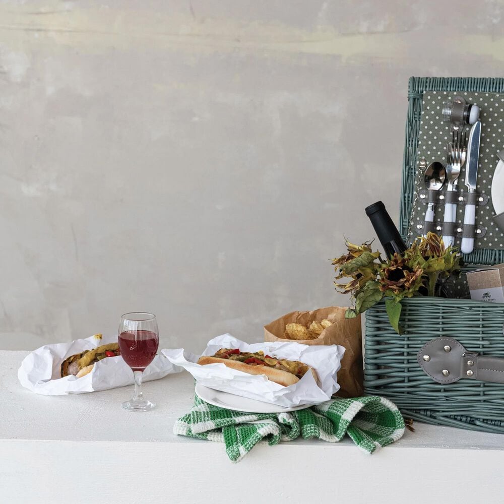 Teak Interiors Picnic Basket for 4 in Green and Grey &#40;Set of 24&#41;, , large