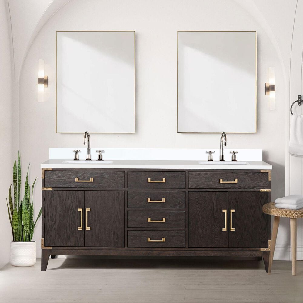 Lexora Home Laurel 72&quot; Double Bathroom Vanity in Brown Oak with White Cultured Marble Top and Rectangular Sinks, , large