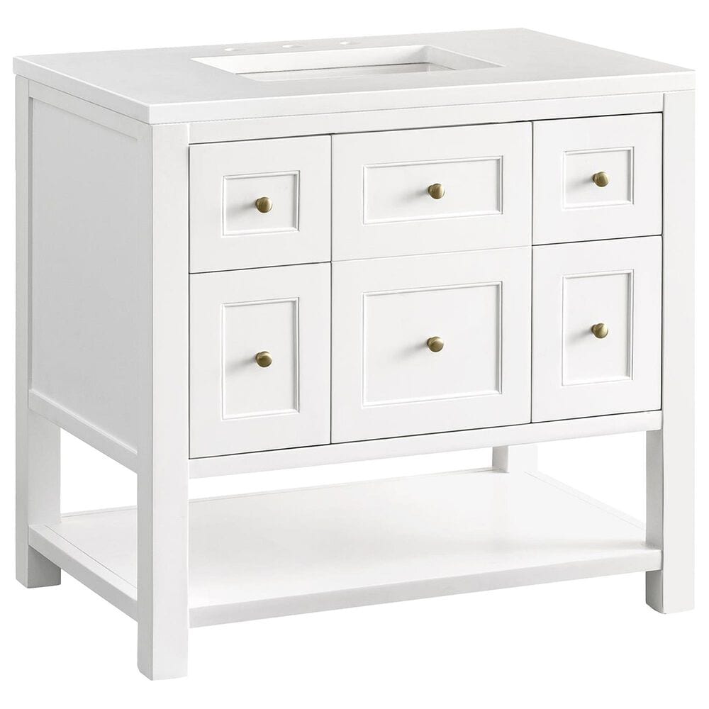 James Martin Vanities Breckenridge 36" Single Bathroom Vanity in Bright White with 3 cm White Zeus Quartz Top and Rectangular Sink, , large