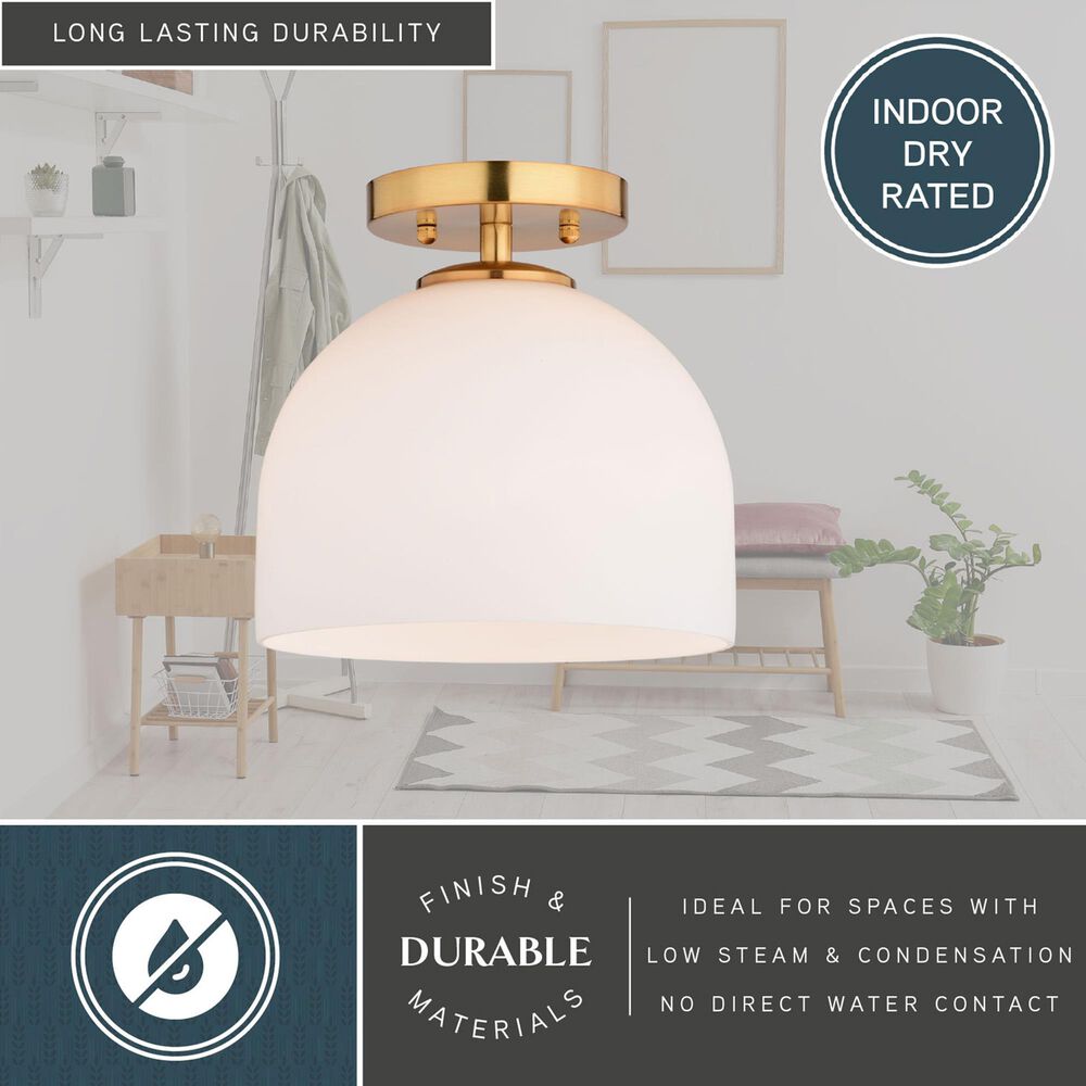 Vaxcel Shelby 1-Light Semi Flush Mount with Frosted White Opal Glass Shade in Natural Brass, , large