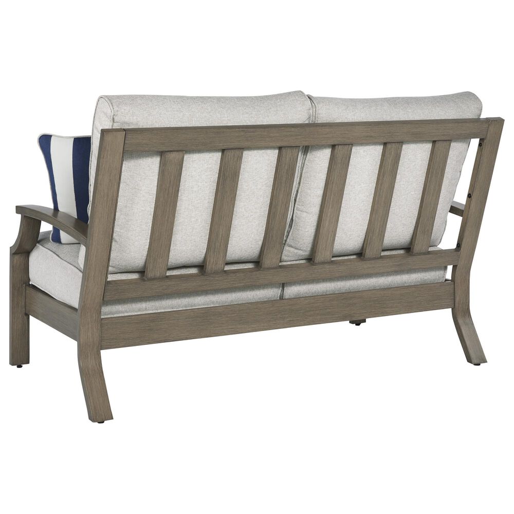 Ashley Rainier Ranch Outdoor Loveseat with Beige Cushion in Brown, , large