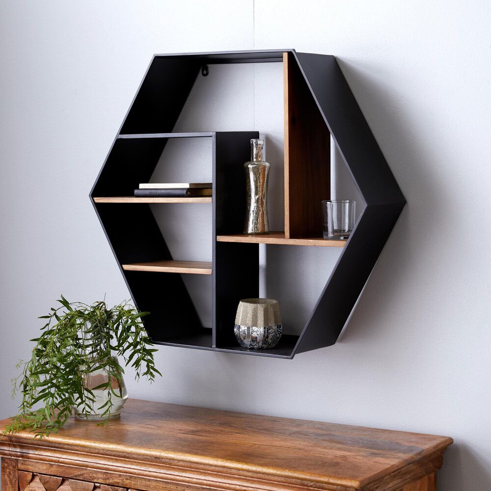 Maple and Jade 30&quot; Hexagon Wall Shelf in Matte Black and Varnished Brown, , large
