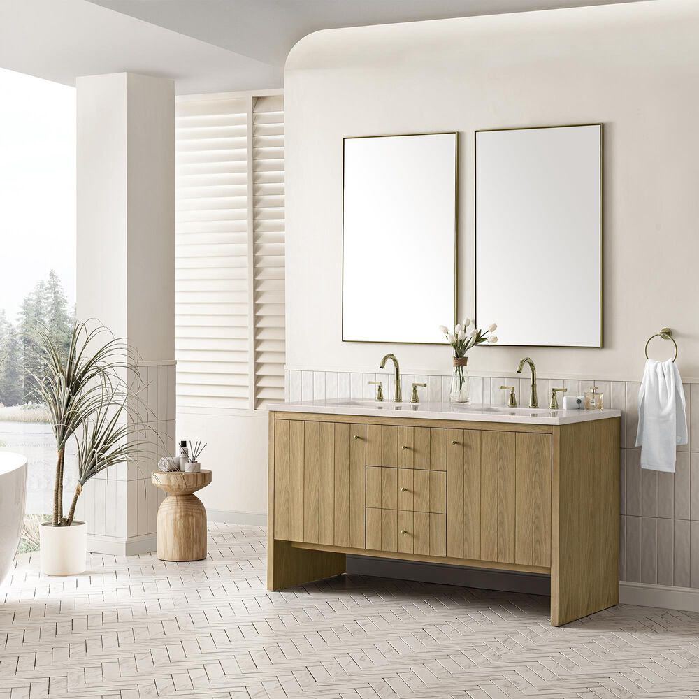 James Martin Vanities Hudson 60&quot; Double Bathroom Vanity in Light Natural Oak with 3 cm Eternal Marfil Quartz Top and Rectangular Sinks, , large