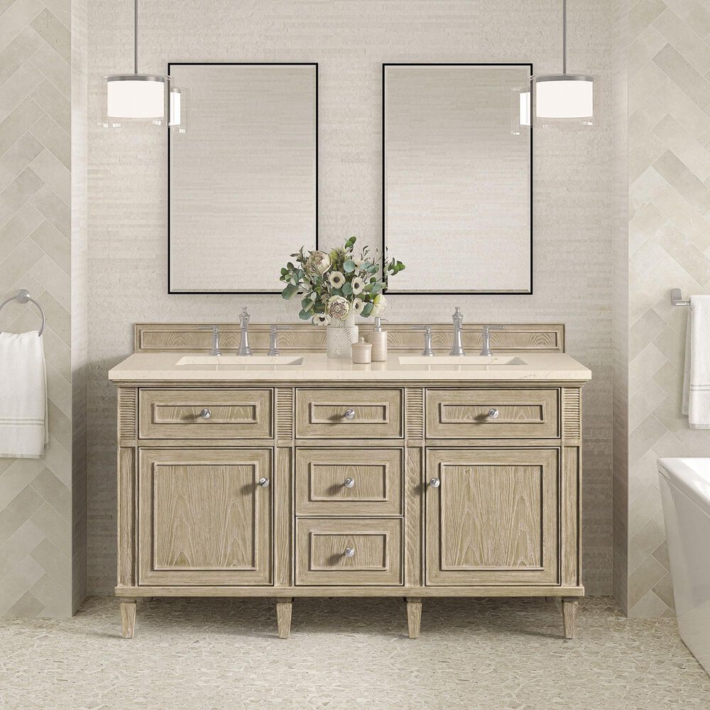 James Martin Vanities Lorelai 60&quot; Double Vanity in Whitewashed Oak with 3 cm Eternal Marfil Quartz Top, , large