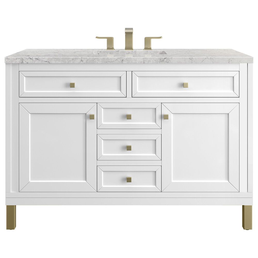 James Martin Vanities Chicago 48" Single Bathroom Vanity in Glossy White with 3 cm Eternal Jasmine Pearl Quartz Top and Rectangular Sink, , large