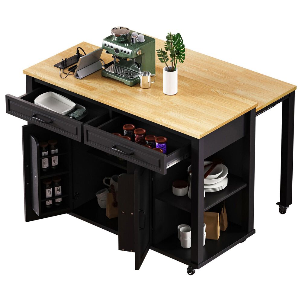 HOMLUX 47" Kitchen Island with Extendable Dining Table in Black and Natural, , large
