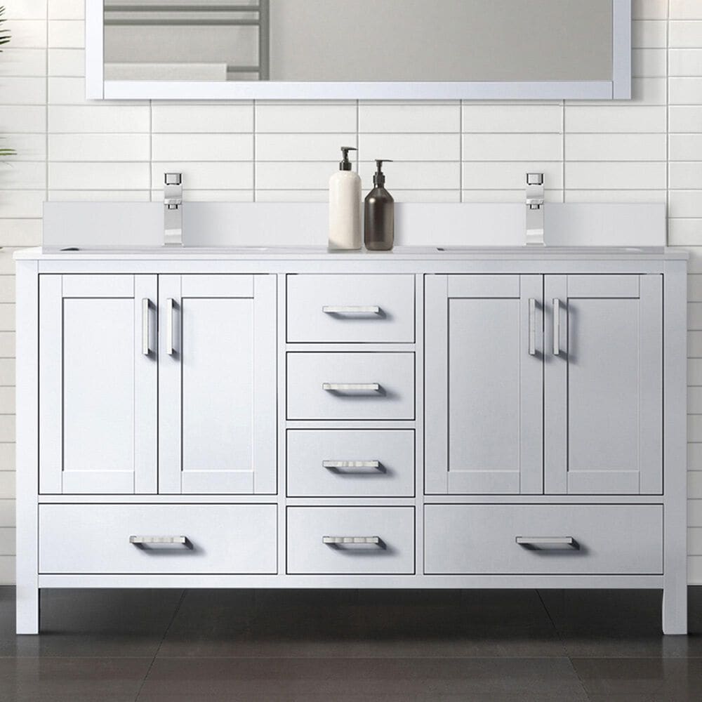 Lexora Home Jacques 60&quot; Double Bathroom Vanity in White with 2 cm White Cultured Marble Top and Rectangular Sinks, , large