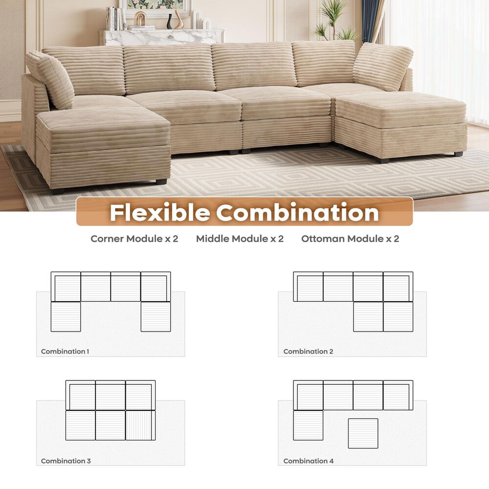 HOMLUX 6-Piece Mod Sectional with Ottomans in Beige, , large