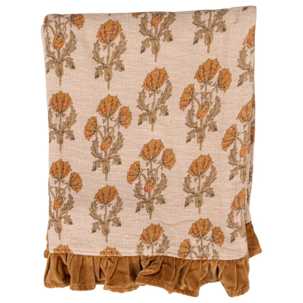 Creative Coop Cozy 60"x 50" Cotton Slub Printed Throw with Velvet Ruffle in Multicolor, , large