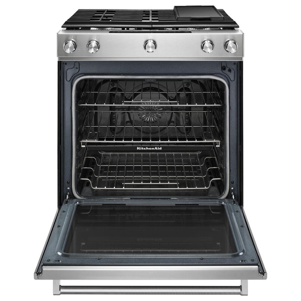 KitchenAid 3-Piece Kitchen Package with 30&quot; Gas Slide-In Range, 24&quot; Built-In Bar Handle Dishwasher, and 30&quot; Over- The-Range Oven in Stainless Steel, , large