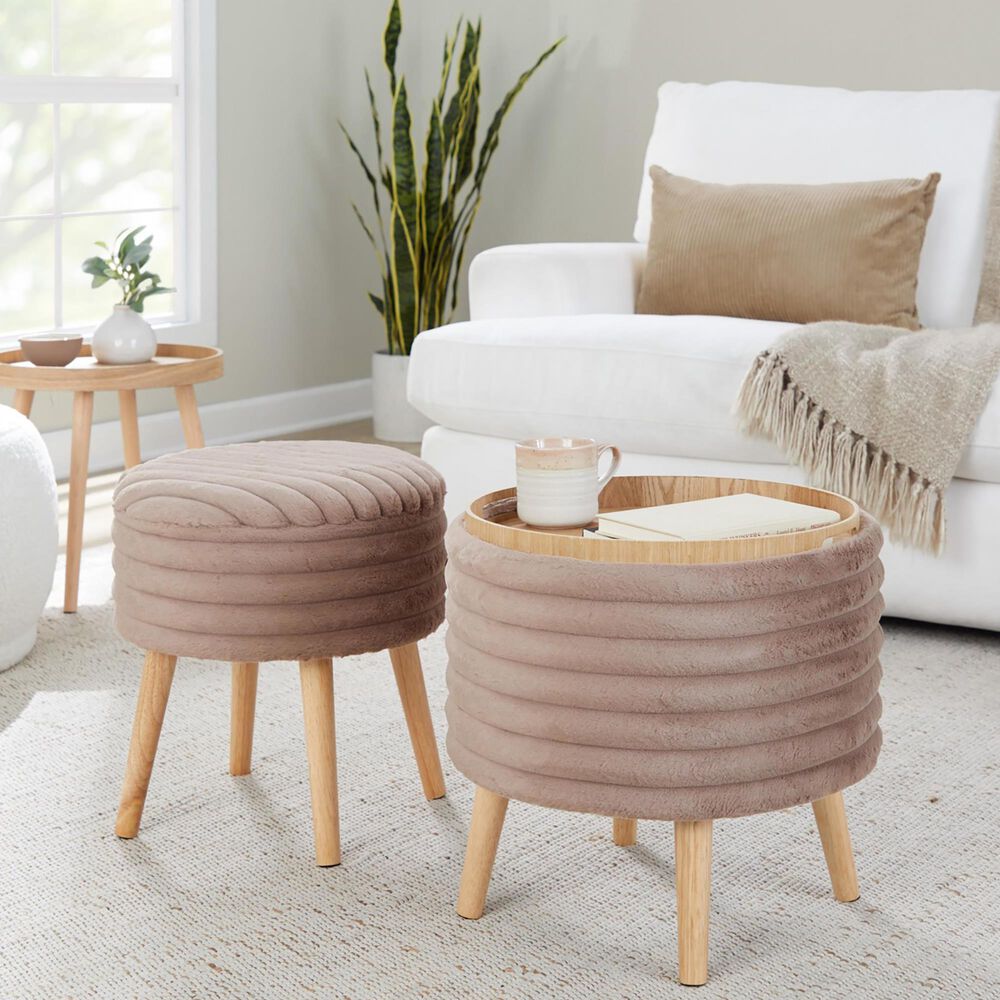 Lumisource Tray Plush 2-Piece Storage Ottoman Set in Light Brown, , large
