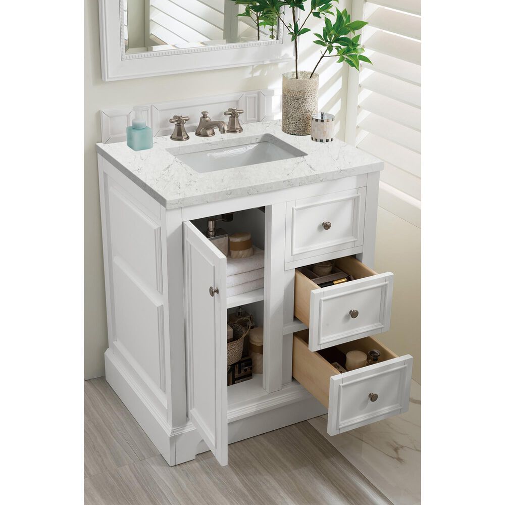 James Martin Vanities De Soto 30&quot; Single Bathroom Vanity in Bright White with 3 cm Eternal Jasmine Pearl Quartz Top and Rectangular Sink, , large