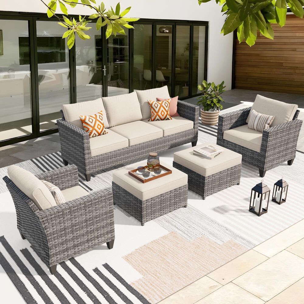 HOMLUX 5-Piece Outdoor Wicker Patio Furniture Set, High Back Rattan Sofa with Chairs, Ottomans & Cushions in Beige, , large