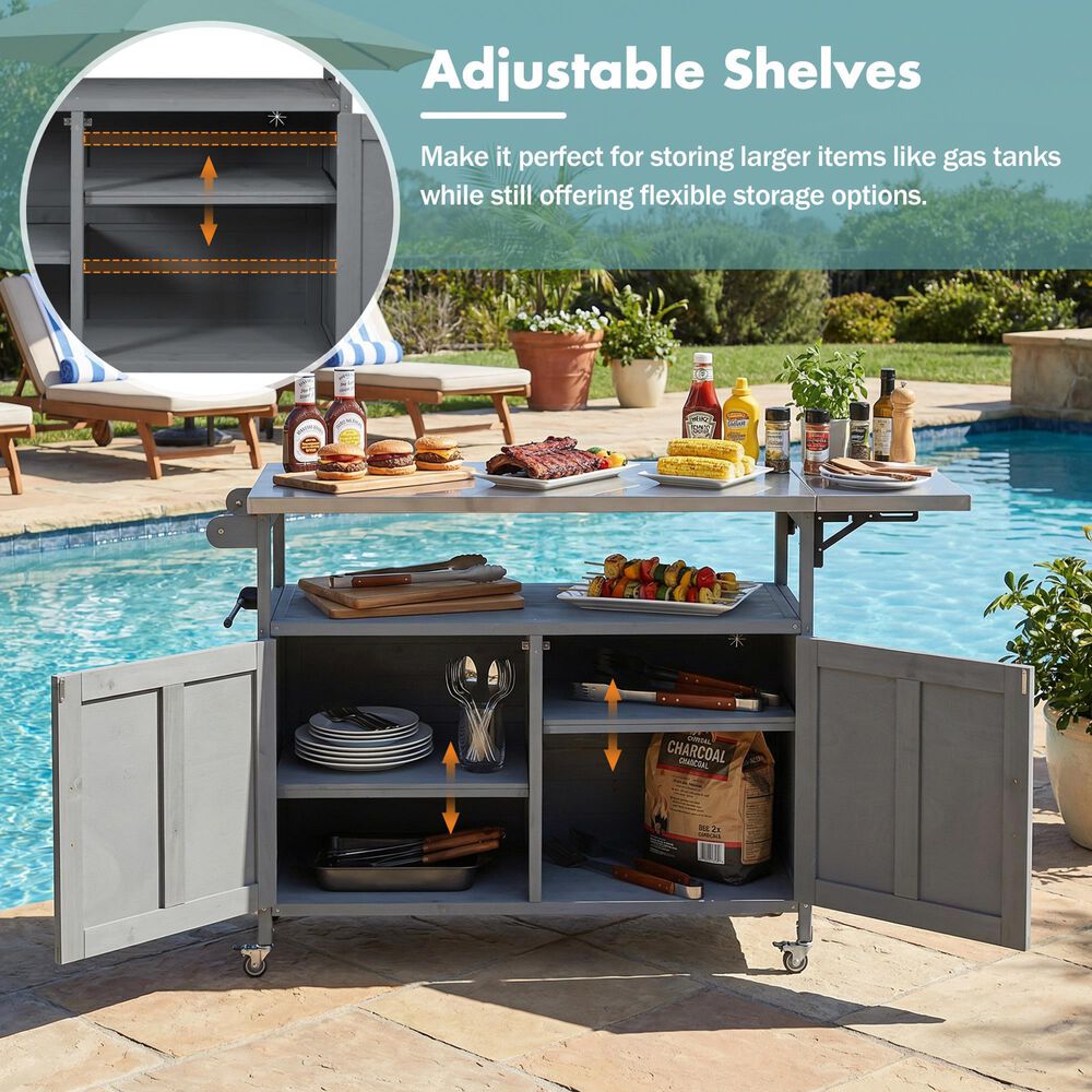 Hearth and Haven Outdoor Kitchen Island Cart with Adjustable Shelves and Stainless Steel Top in Gray, , large