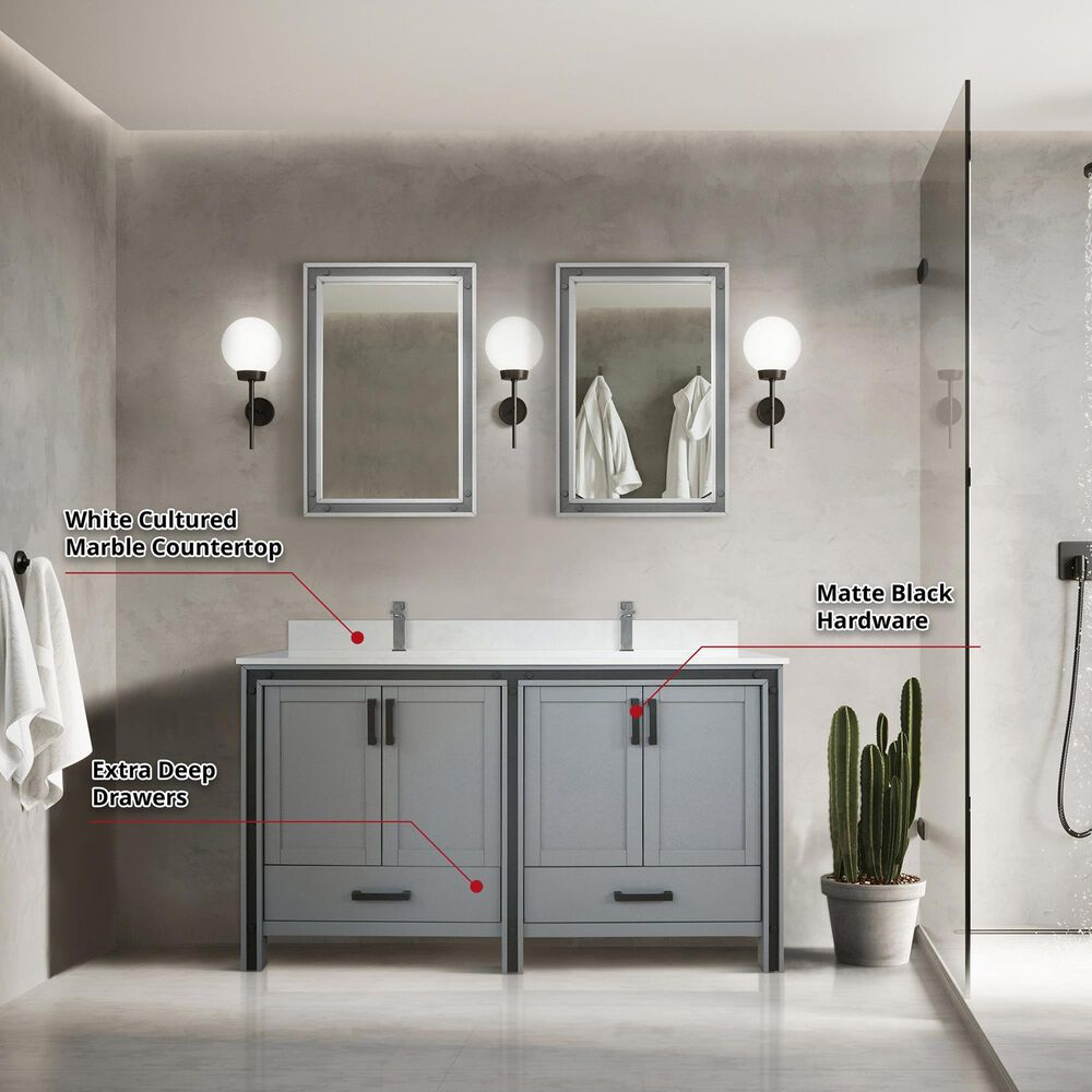 Lexora Home Ziva 60&quot; Double Bathroom Vanity in Dark Grey with 2 cm White Quartz Top and Rectangular Sinks, , large