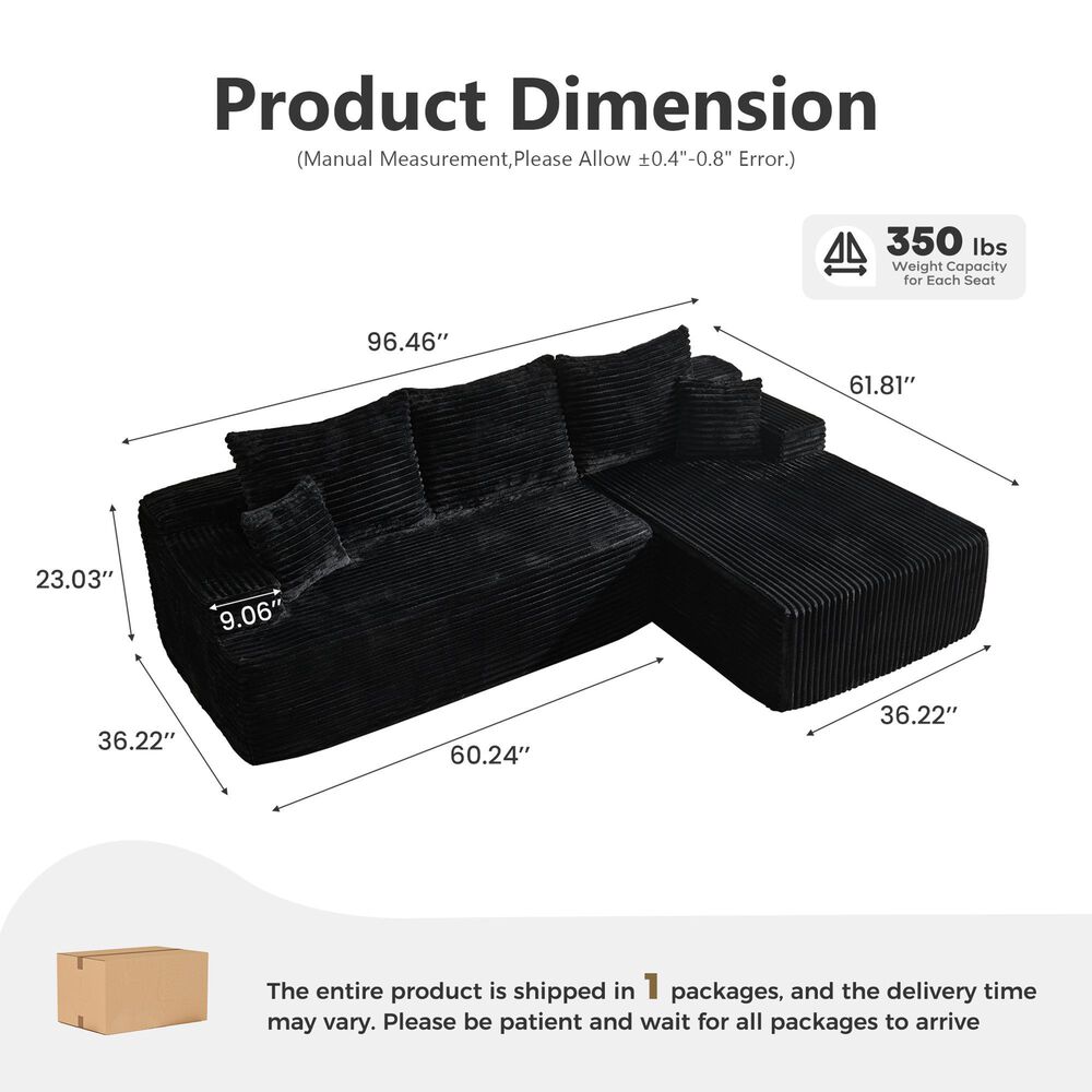 HOMLUX 2-Piece L-Shaped Sectional with Right Facing Chaise in Black, , large