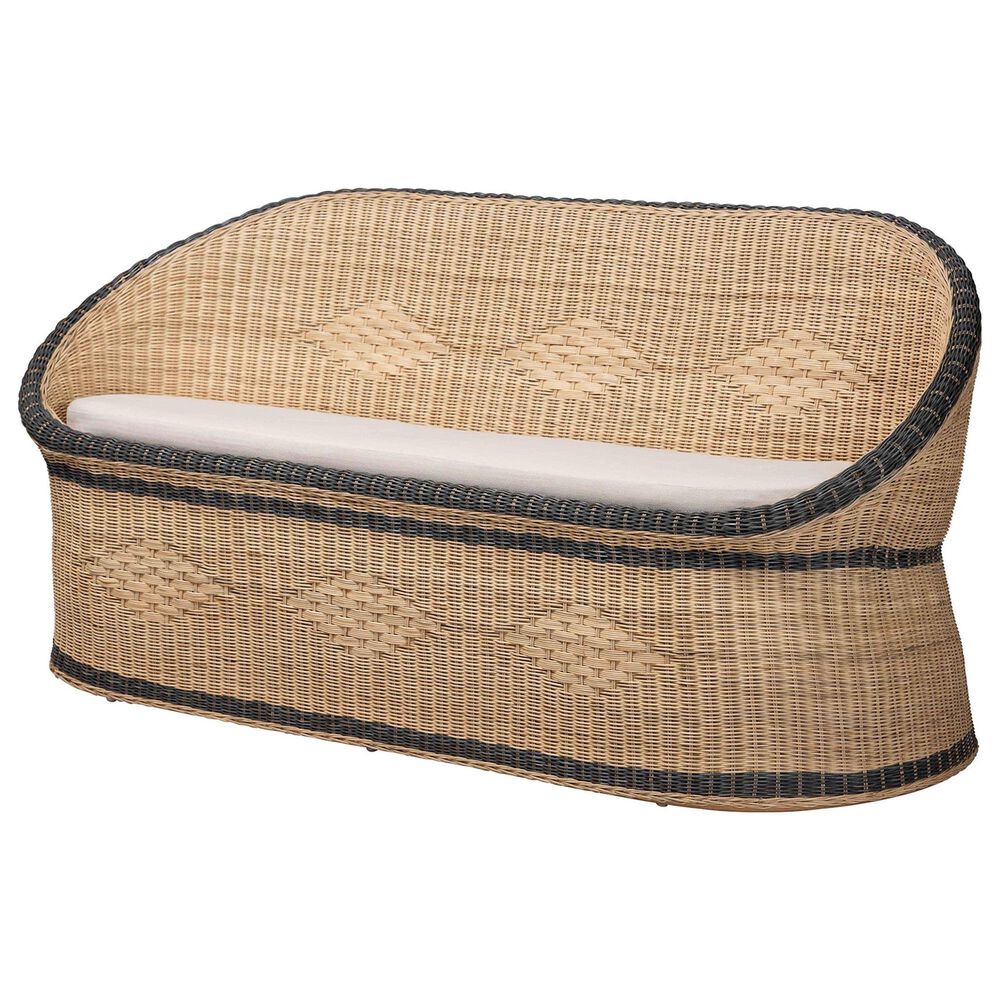 Baxton Studio Emiliana Stationary Loveseat with Natural Brown and Black Rattan in Neutral, , large