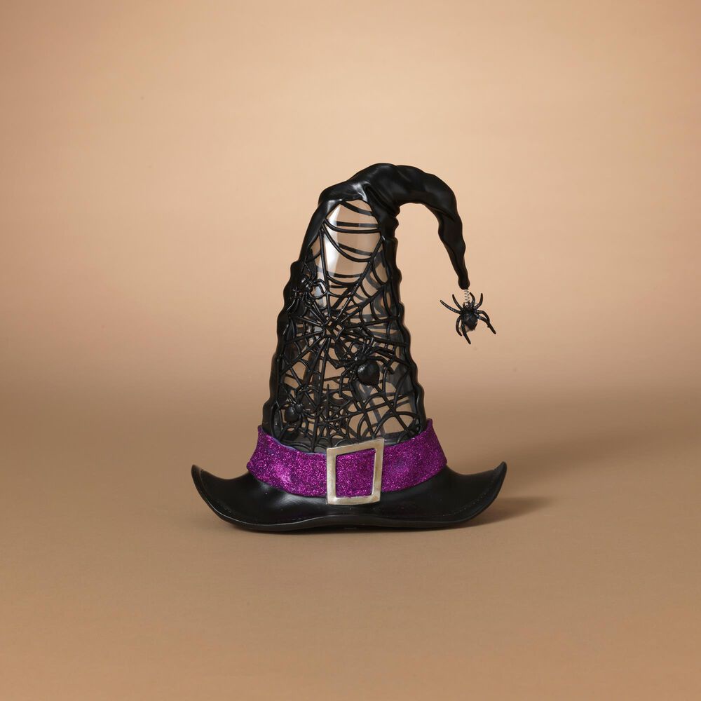 The Gerson Company 9.75&quot;H Battery-Operated Lighted Spinning Smoky Water Globe Witch Hat in Black, , large