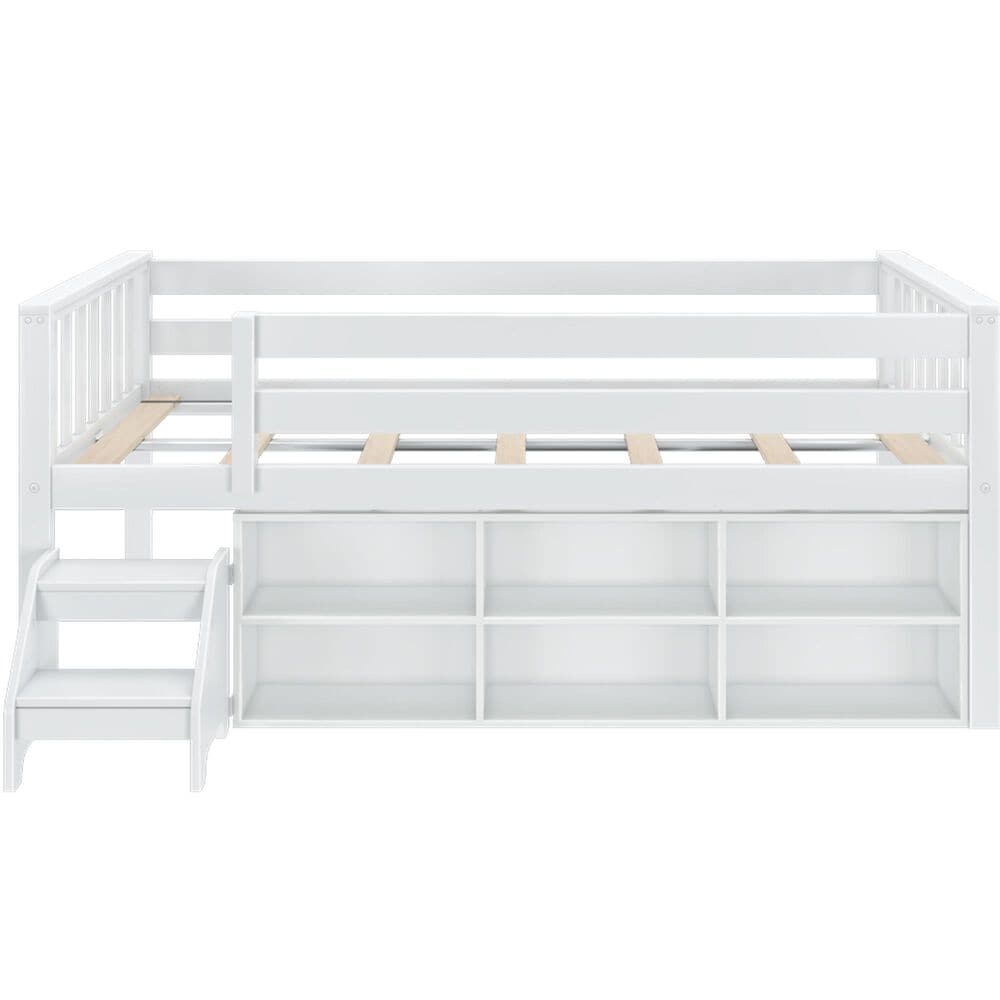 Birch Hollow Scandinavian Low Loft Twin Bed with Bookcase and Stepstool in White, , large